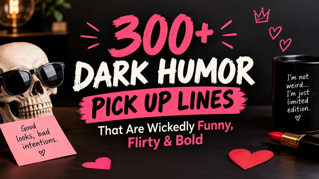 300+ dark humor pick up lines graphic with skull, hearts, lipstick, and bold pink typography