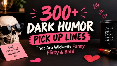 300+ dark humor pick up lines graphic with skull, hearts, lipstick, and bold pink typography