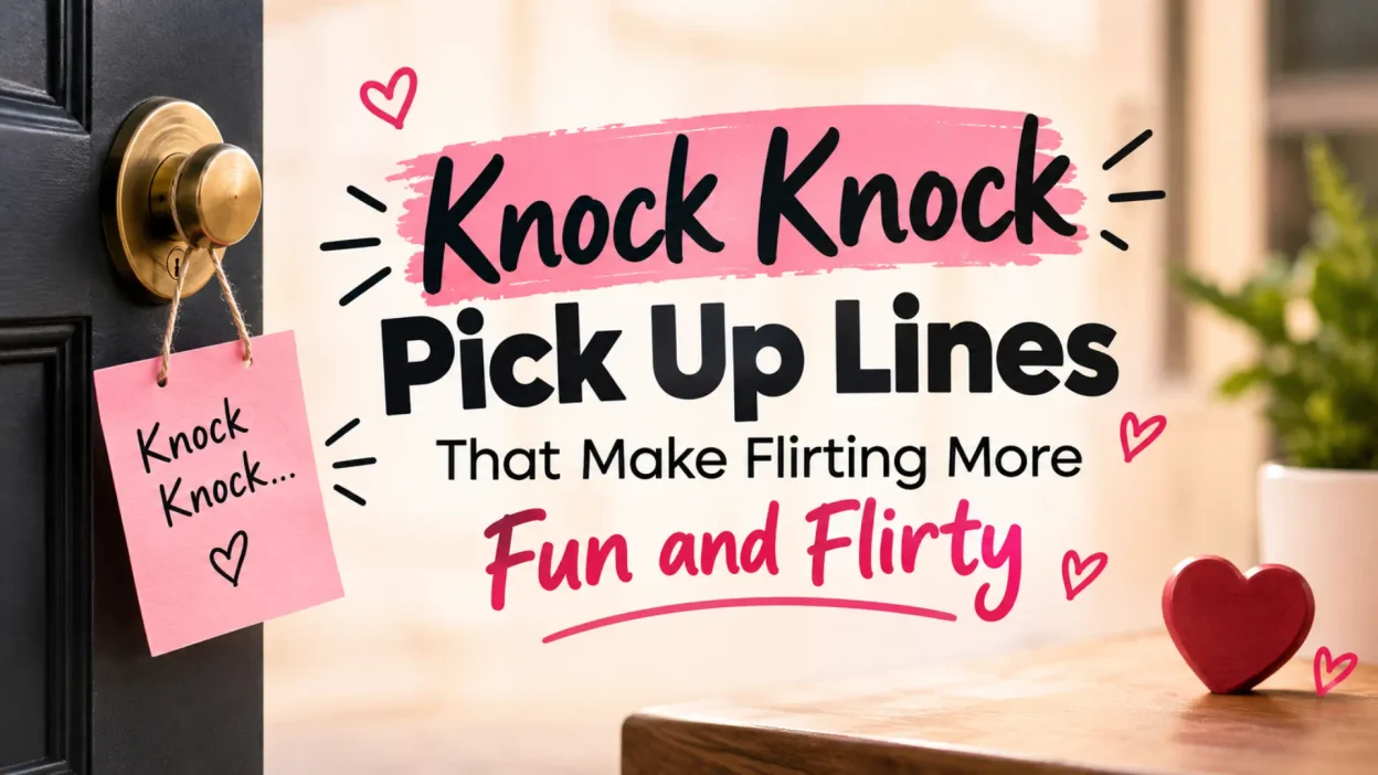 Knock knock pick up lines graphic with playful hearts, pink accents, and a romantic door setting