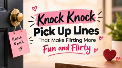 Knock knock pick up lines graphic with playful hearts, pink accents, and a romantic door setting