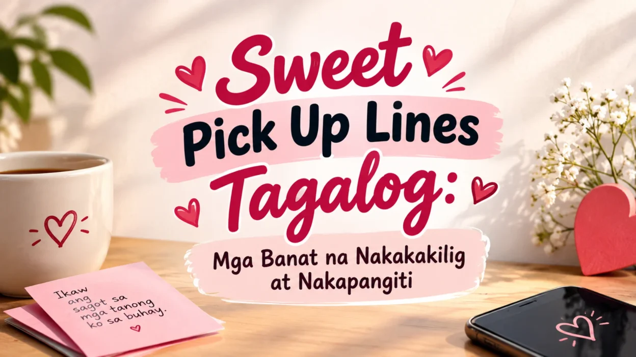 Sweet pick up lines Tagalog graphic with romantic hearts, coffee, flowers, and love notes