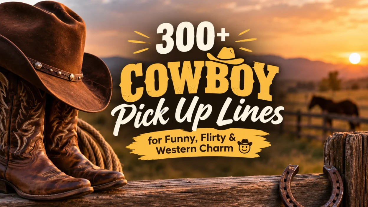300+ cowboy pick up lines with boots, hat, horseshoe, and sunset ranch background