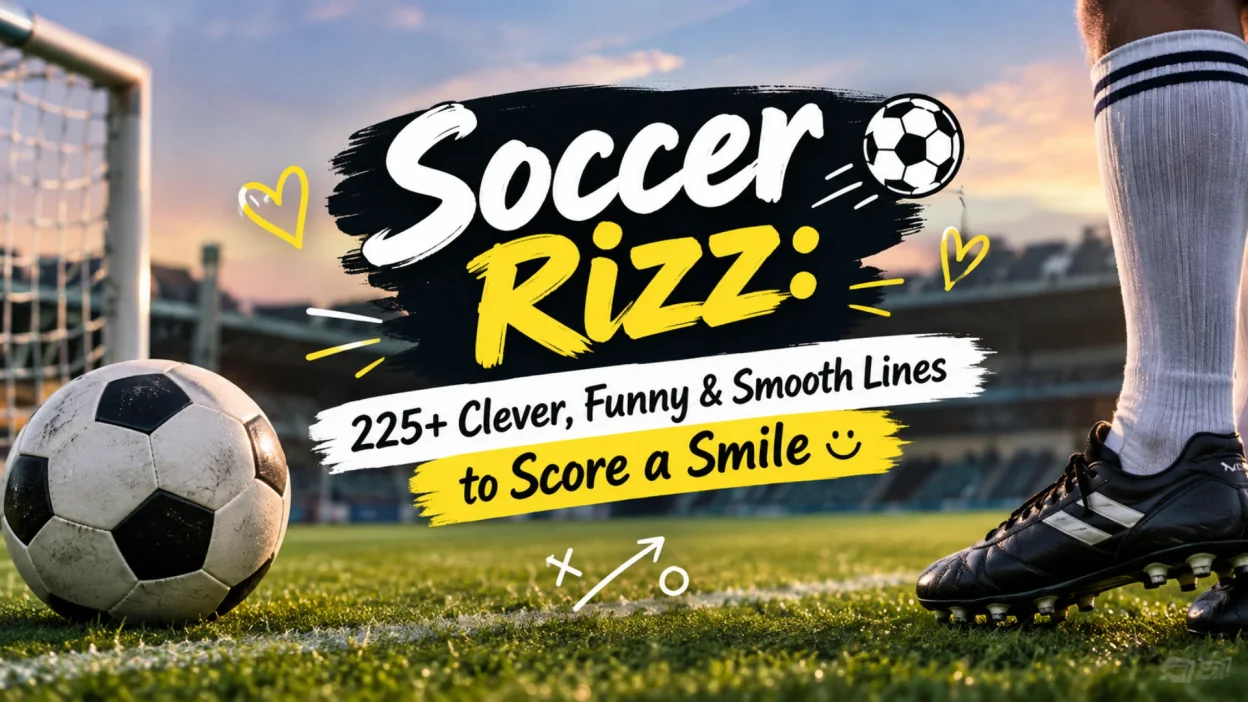 Soccer rizz graphic with a soccer ball, cleats, and 225+ clever, funny and smooth lines