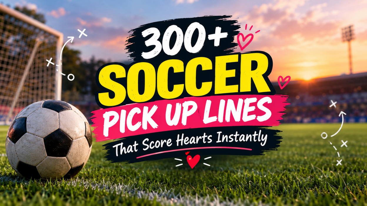 300+ soccer pick up lines graphic with a soccer ball, stadium, and hearts at sunset