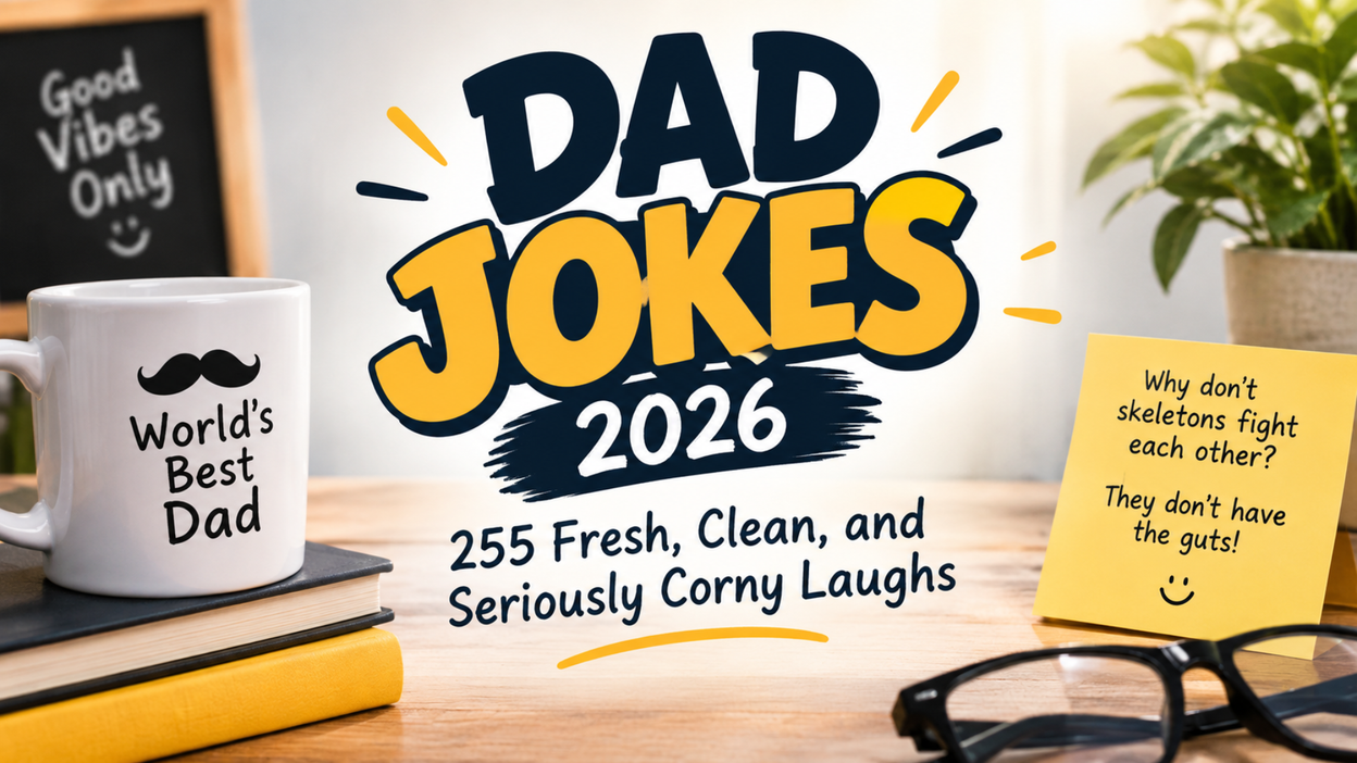 Dad jokes 2026 graphic with 255 clean, corny laughs, a dad mug, joke note, and playful typography