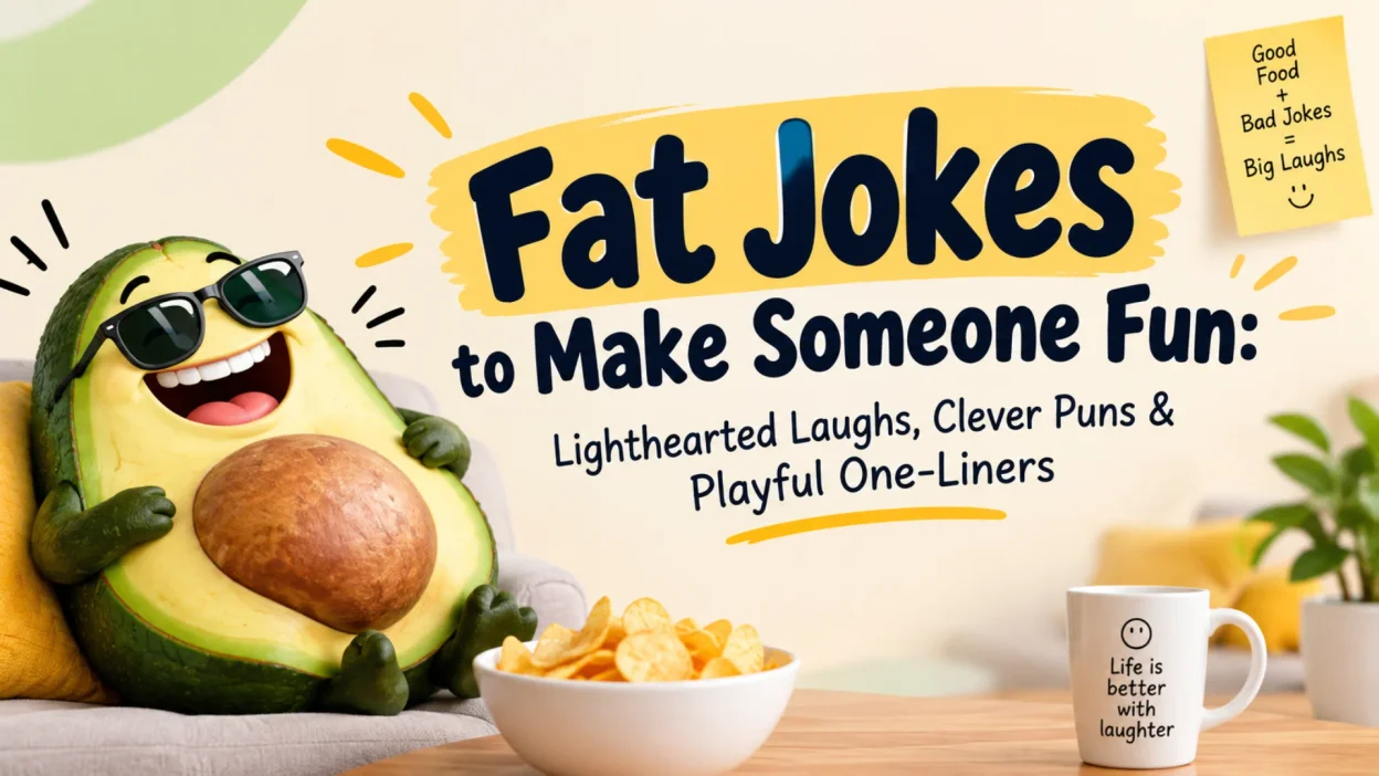 Fat jokes with playful food humor, clever puns, and lighthearted laughs in a cheerful modern design.