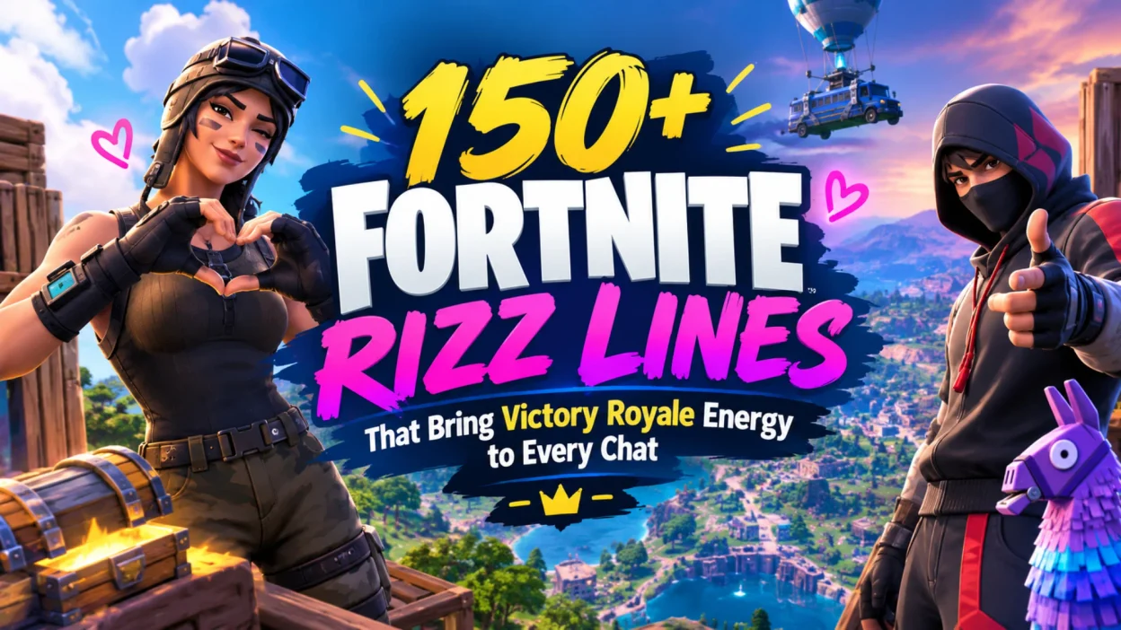 Fortnite rizz lines graphic with Victory Royale theme, gaming characters, llama, and bold pink and yellow text