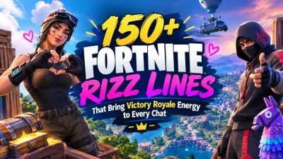 Fortnite rizz lines graphic with Victory Royale theme, gaming characters, llama, and bold pink and yellow text