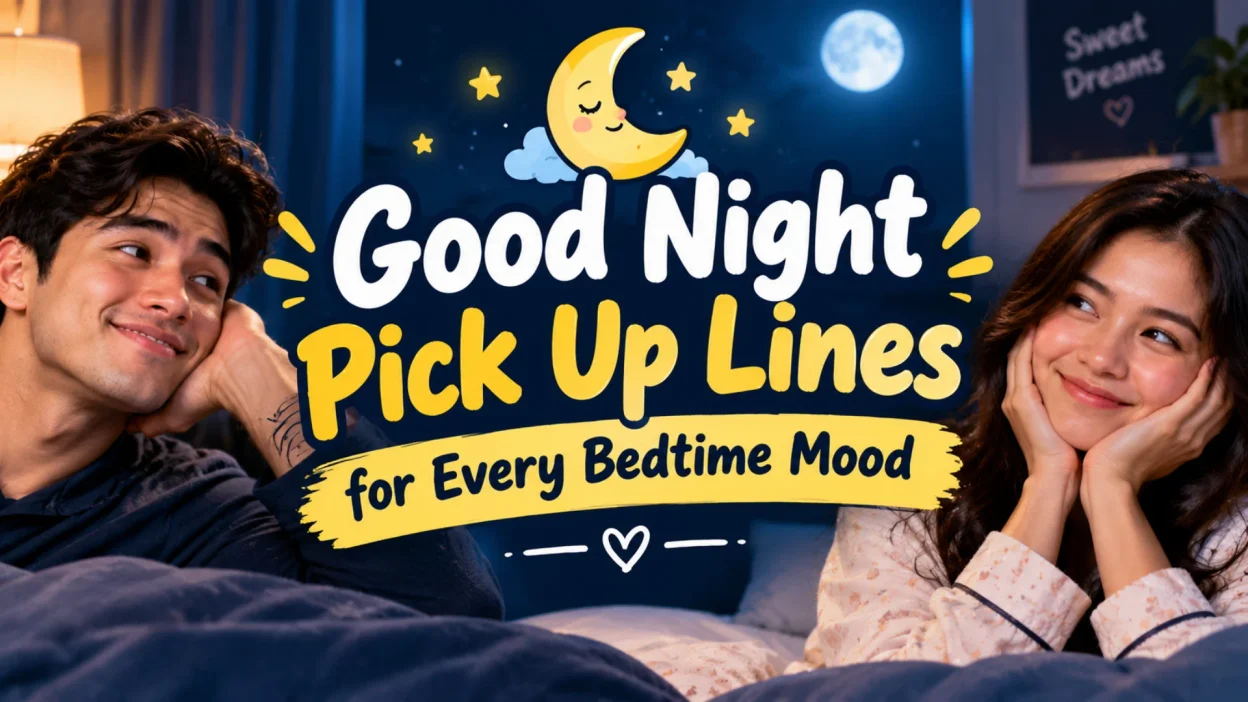Good night pick up lines with a romantic couple, moonlit bedroom, stars, and cozy bedtime mood