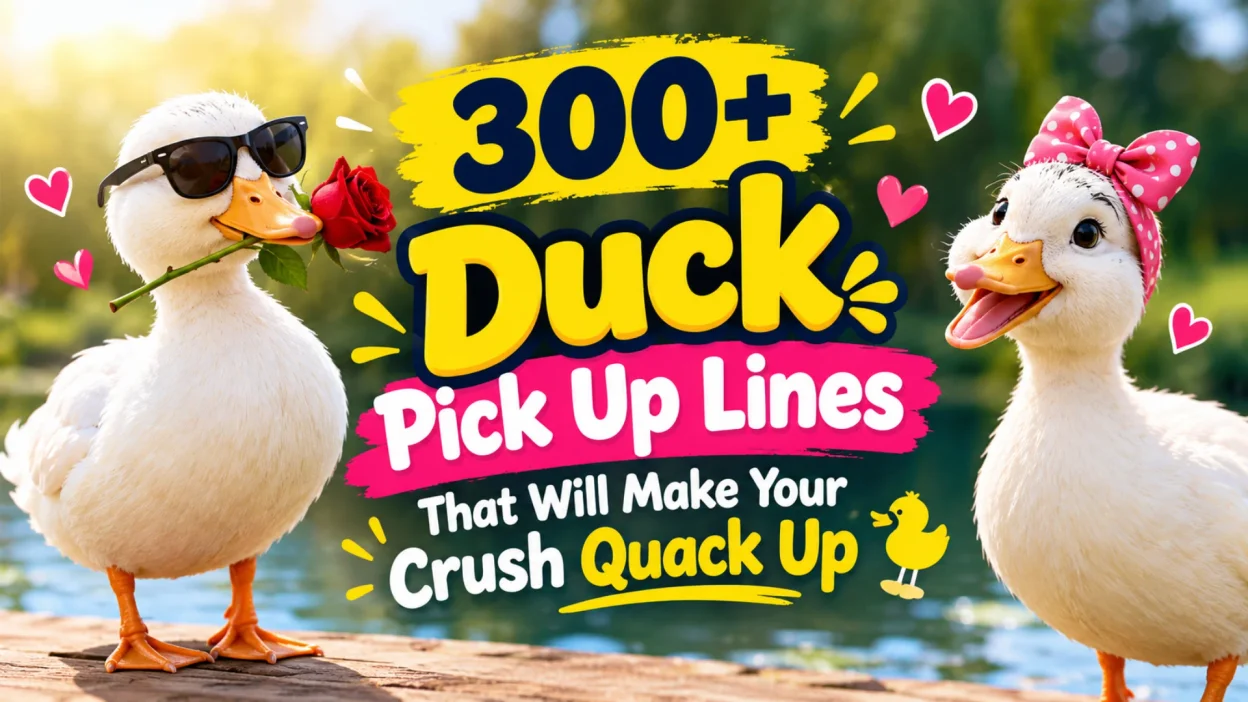 Two playful ducks with romantic props beside a pond, featuring 300+ funny duck pick up lines.