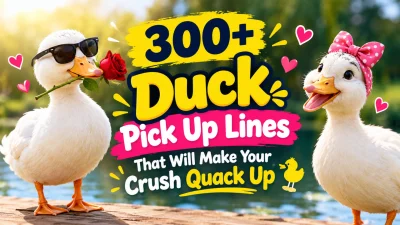 Two playful ducks with romantic props beside a pond, featuring 300+ funny duck pick up lines.