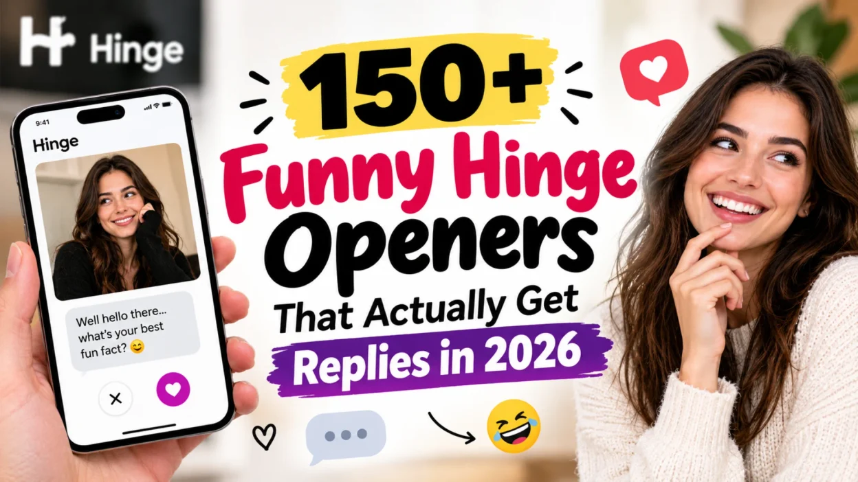 Funny Hinge openers for 2026 with dating app messages, chat bubbles, and a smiling woman