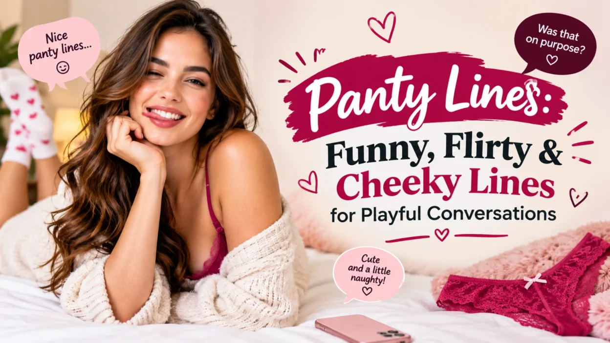 Playful woman with cheeky smile beside bold text about funny and flirty panty lines