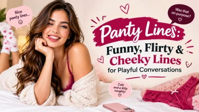 Playful woman with cheeky smile beside bold text about funny and flirty panty lines