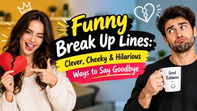 Funny break up lines with a smiling woman and man holding a broken heart and humorous mug