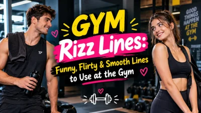 Gym rizz lines with a smiling man and woman, featuring funny, flirty and smooth gym pickup lines