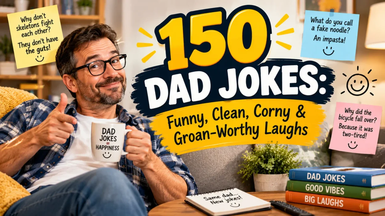 150 dad jokes graphic featuring a smiling dad, funny notes, and clean, corny, groan-worthy laughs