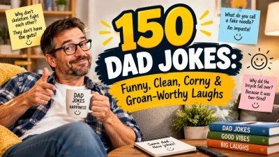 150 dad jokes graphic featuring a smiling dad, funny notes, and clean, corny, groan-worthy laughs