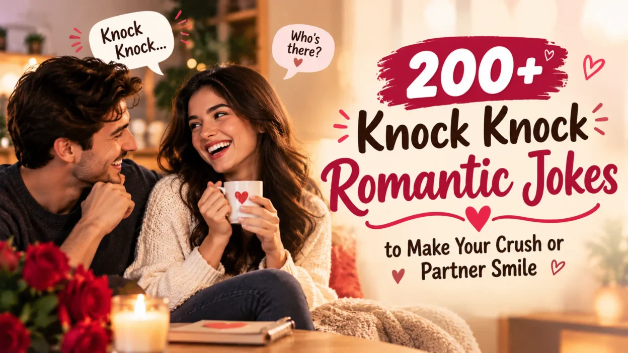 200+ knock knock romantic jokes with a smiling couple, hearts, roses, and cozy romantic setting
