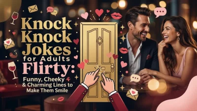 Flirty adult knock knock jokes banner featuring a smiling couple and romantic graphics.