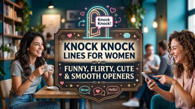 Knock knock lines for women title card featuring two friends laughing in a café with a styled text banner.