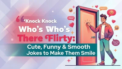 Knock Knock Who's There Flirty jokes banner featuring a person knocking on a door with hearts and speech bubbles.