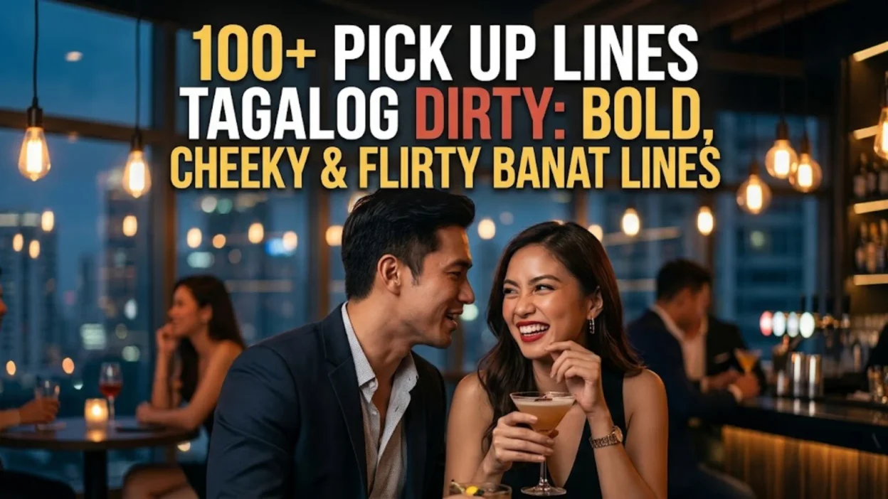 Tagalog dirty pick up lines heading with a smiling Filipino couple flirting over cocktails at a modern bar