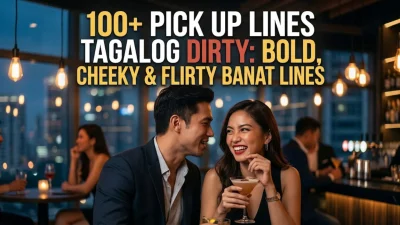 Tagalog dirty pick up lines heading with a smiling Filipino couple flirting over cocktails at a modern bar