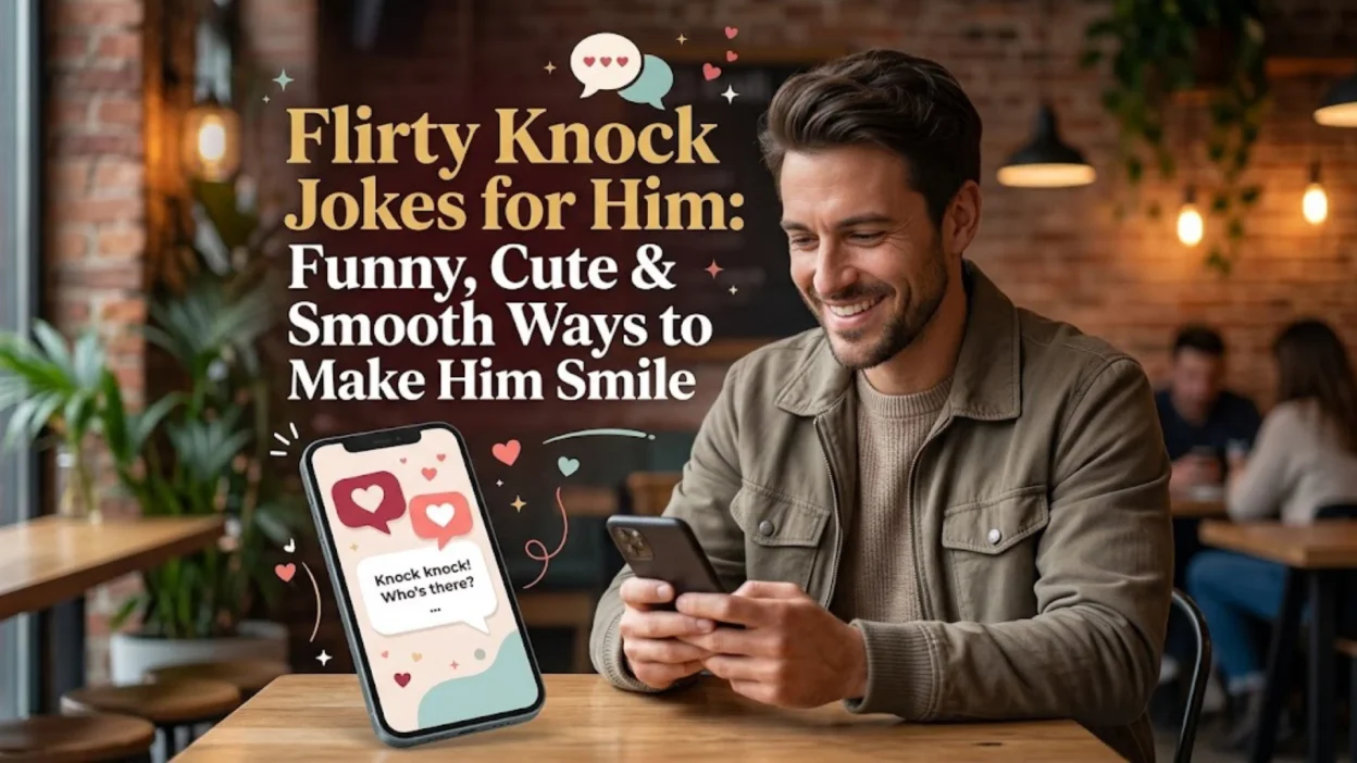 Charming man smiling at phone text in cafe with text flirty knock knock jokes for him