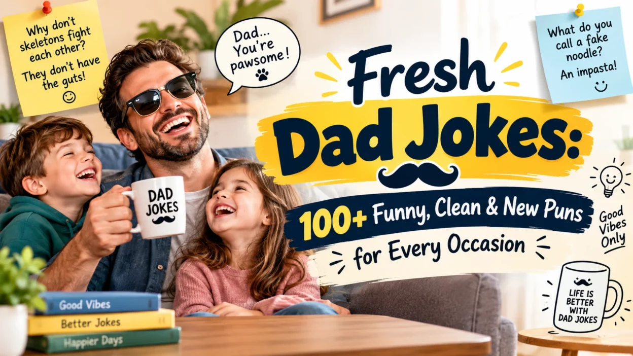 Fresh dad jokes banner featuring a laughing father with his kids and 100+ funny, clean, family-friendly puns.